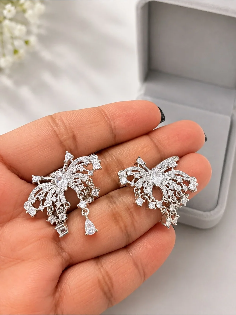Silver Tone Butterfly CZ Dangle Earrings | Elegant Statement Earrings